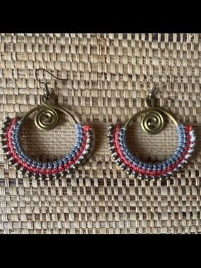 Coral and Light Blue Spiral Hoop Earrings